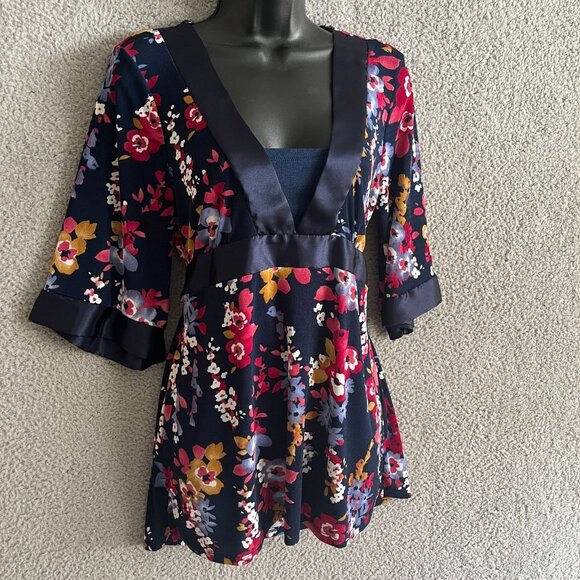 Jaclyn Smith Y2K‎ Floral Babydoll Tunic Top Medium Navy - Picture 5 of 11